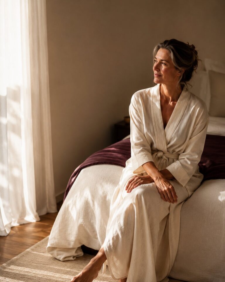 A woman in an ivory linen robe sitting on the edge of a bed in soft, warm light