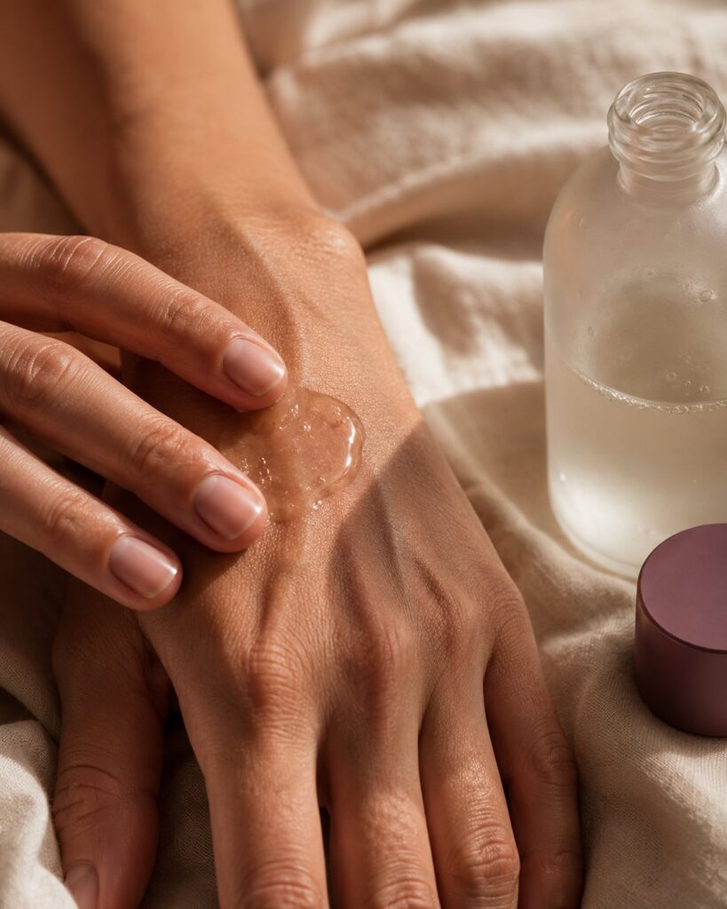 A drop of clear intimate gel on the back of a hand beside a frosted glass bottle